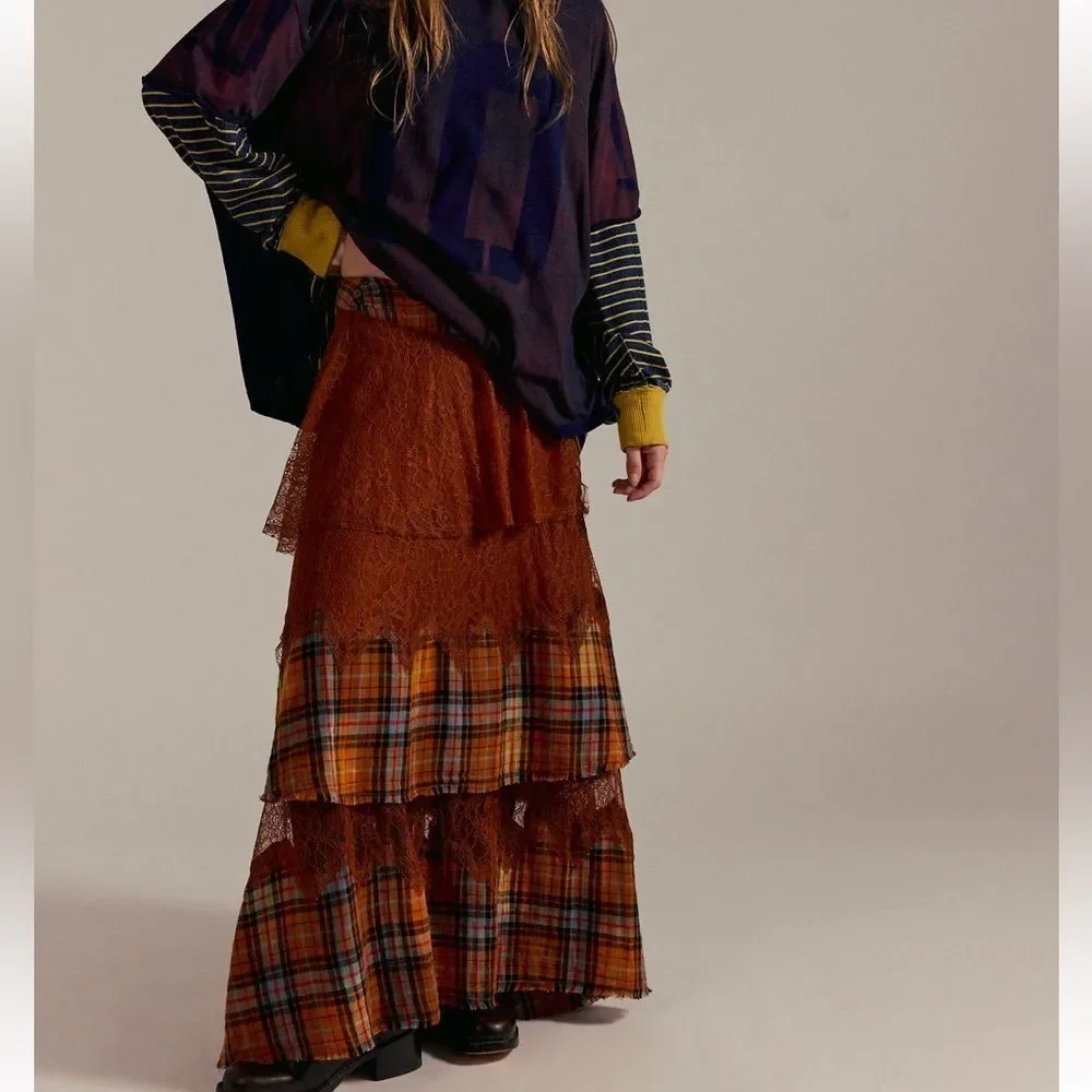 Free People County Fair Lace Maxi Skirt- Brown Combo